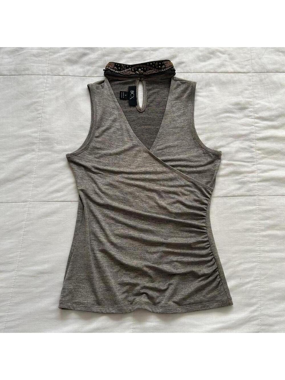 BCX Grey beaded collar top with cross front detailing Size small
